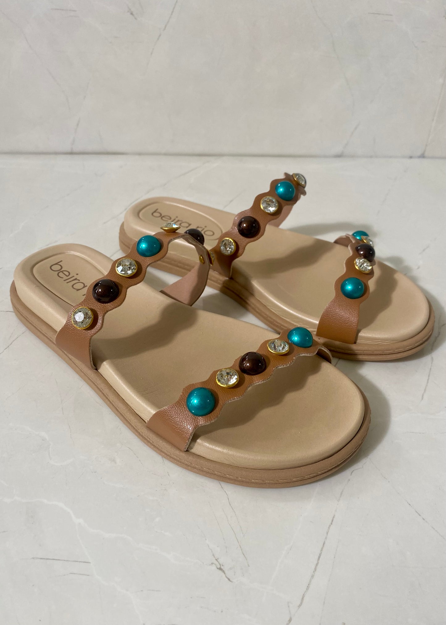Beira Rio Camel & Turquesa Flat Sandals