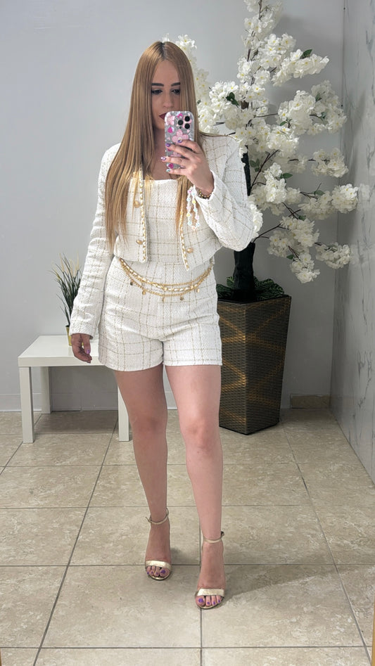 Beige & White Romper and Blazer