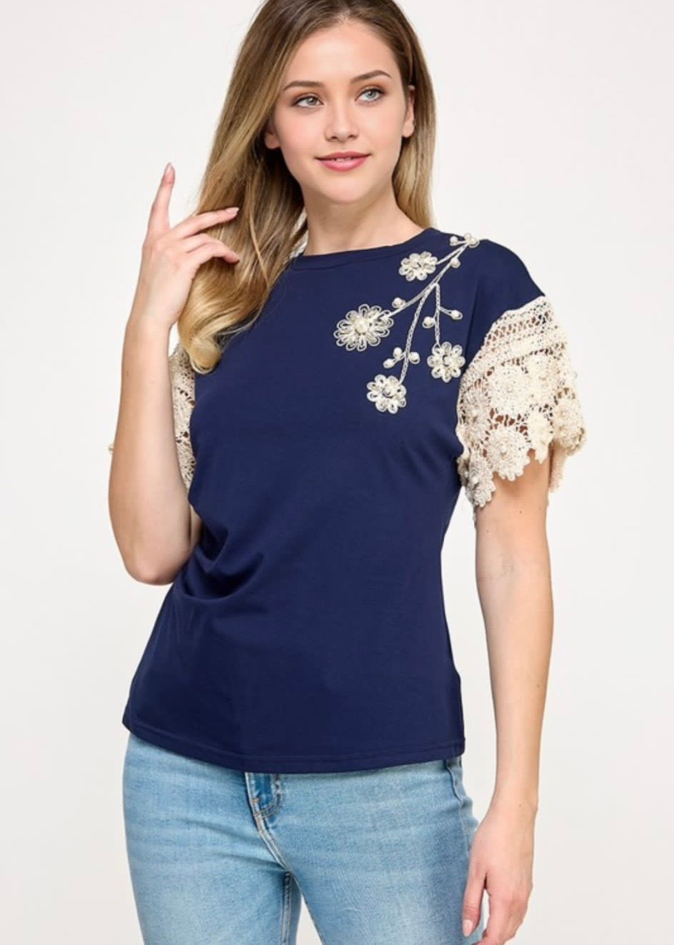 Pastel Bluse Blue & Creme Tejido