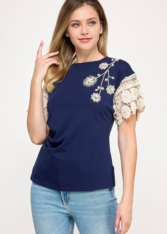 Pastel Bluse Blue & Creme Tejido