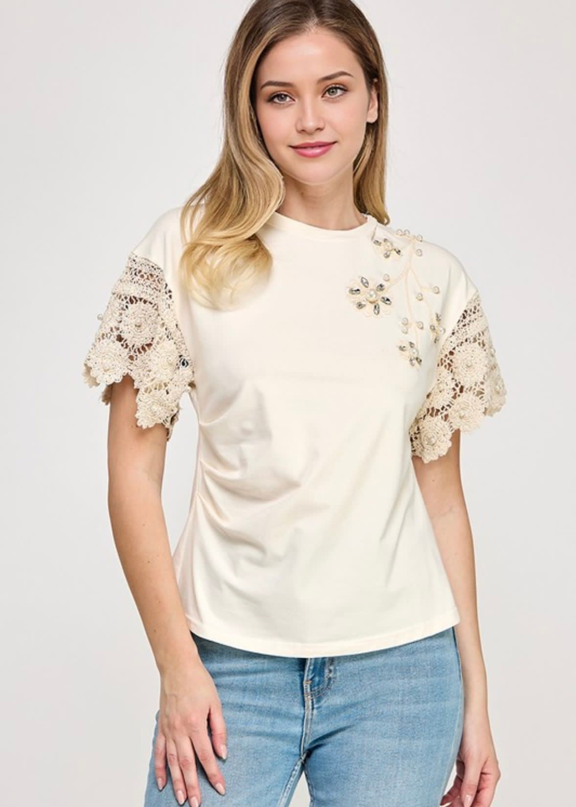 Pastel Bluse Blue & Creme Tejido